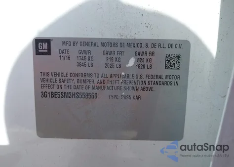 2017 Chevrolet Cruze Lt Auto from USA, damaged, VIN 3G1BE5SM3HS558560